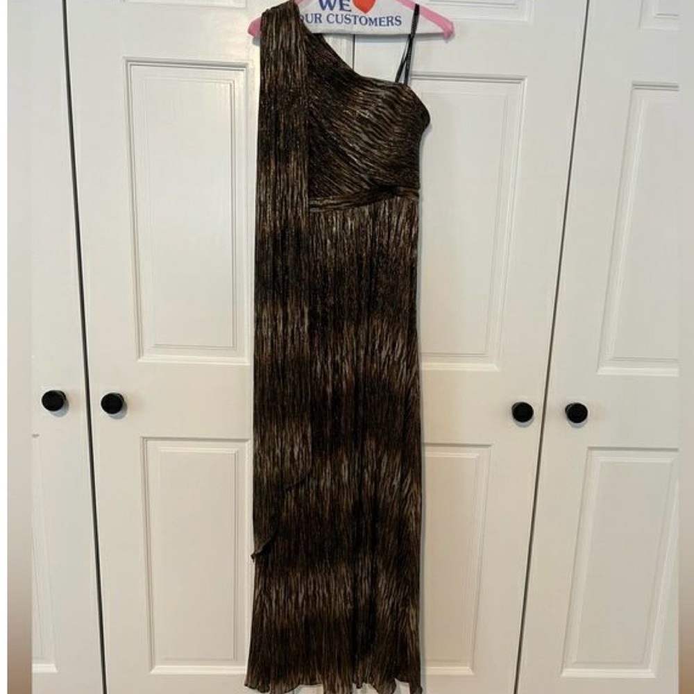 Vince Camuto Elegant One-Shoulder Brown and Metallic Ombre Dress
